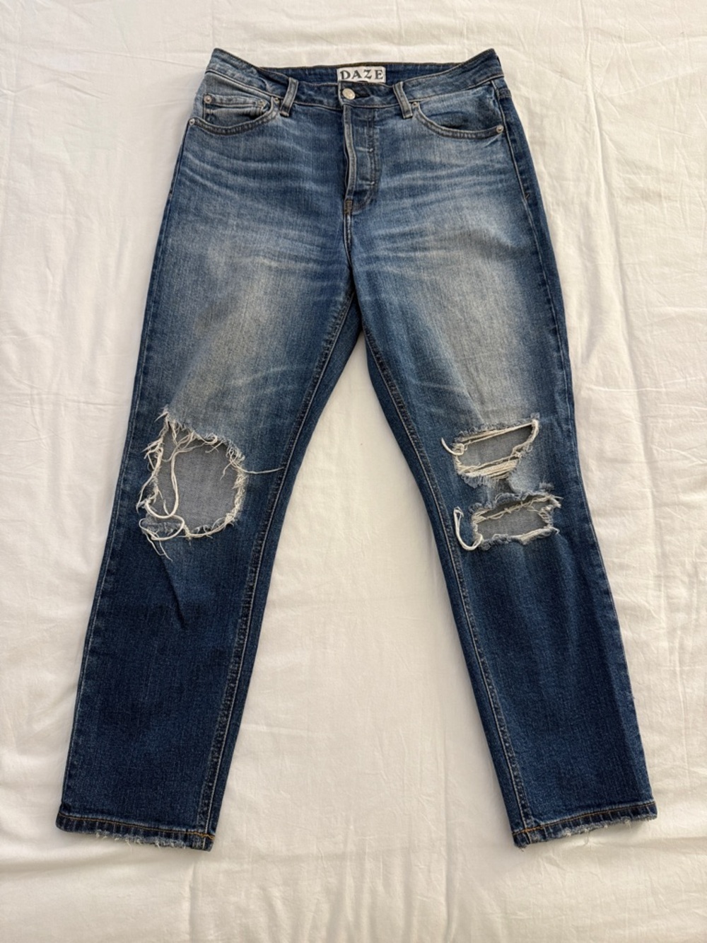 Daze Denim High Rise Ripped Straight Leg Jeans in Dark Wash